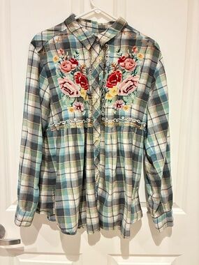 Johnny Was Flannel Plaid Button-Up in Teal, Green, Cream, Gray